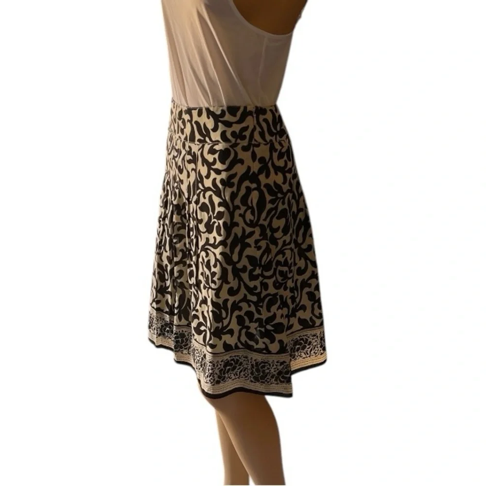 Ann Taylor Florentine Beige/Black Scroll Cotton Flat Pleat Side Zip Skirt Size 0